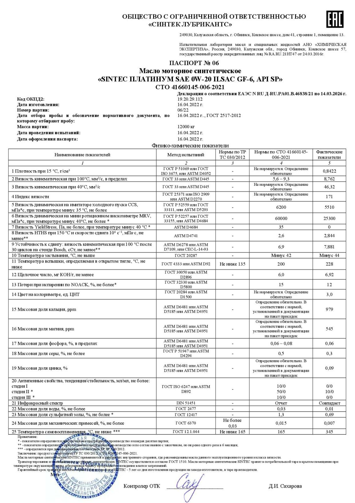 SINTEC PLATINUM SAE 0W-20 API SP, ILSAC GF-6 СТО 006 (06-22) 16.04.2022 г.jpg