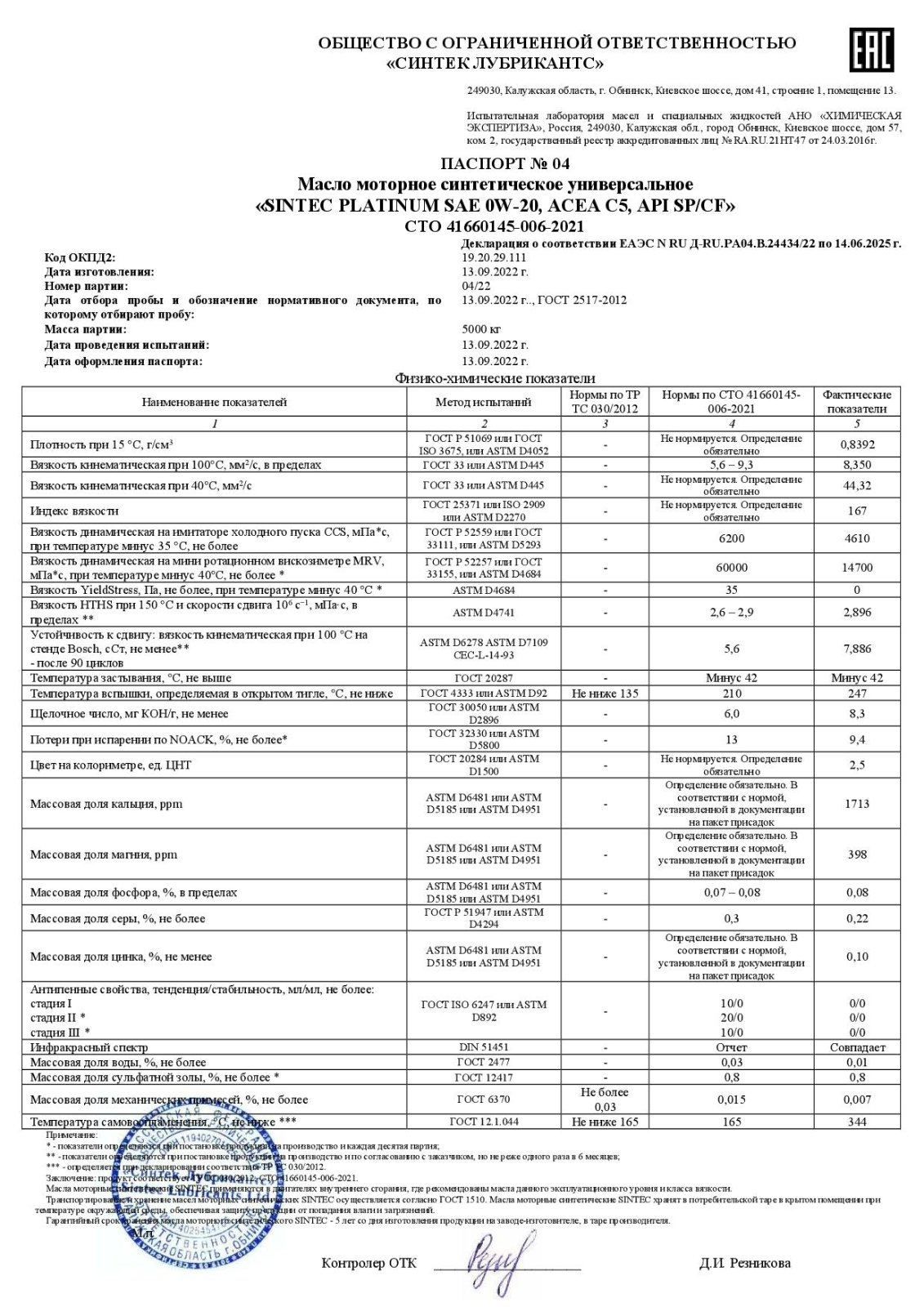 SINTEC PLATINUM SAE 0W-20, ACEA C5, API SP-CF СТО 006 (04-22) 13.09.2022 г.jpg